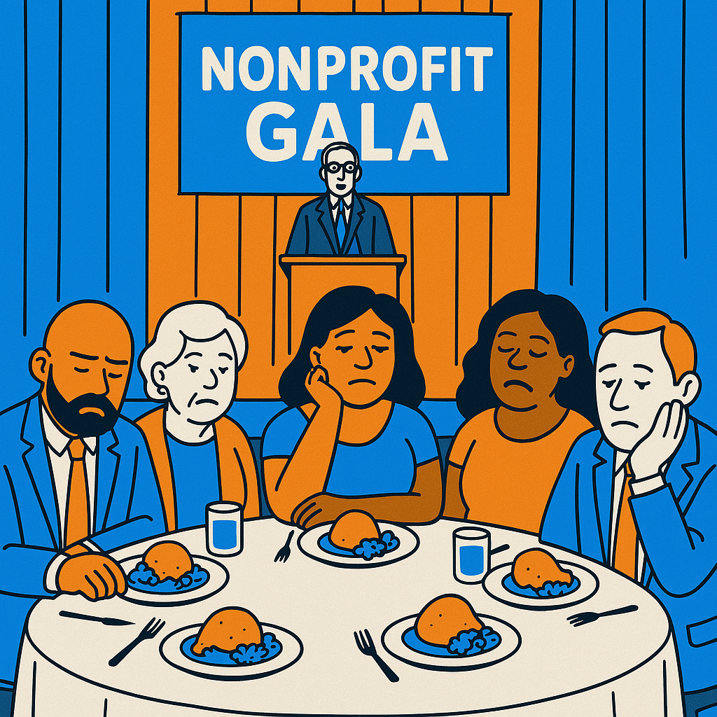 Cartoon depicting five people, diverse, sitting at a round table staring at a boring chicken dinner while ignoring a speaker at a nonprofit gala.