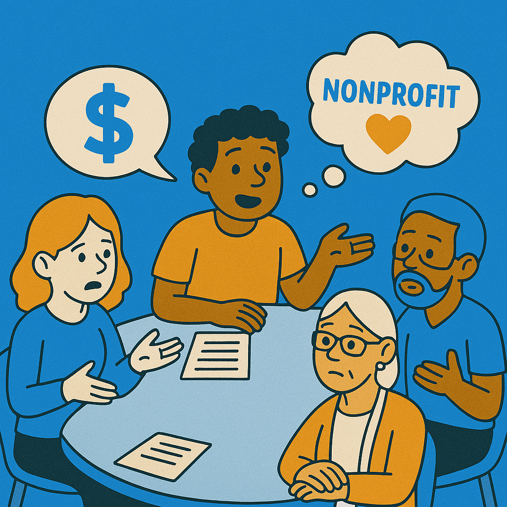 Image of a group, possibly a nonprofit board, sitting at a table and discussing fundraising.